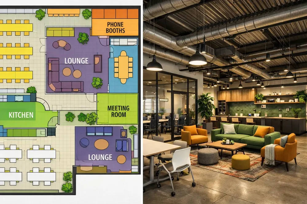 پلان مبلمان و رندر سه بعدی فضای کار اشتراکی (Coworking) با زون‌بندی رنگی، اتاقک‌های تلفن و فضای استراحت منعطف.