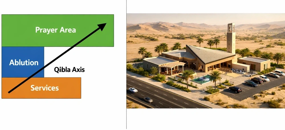 نمونه طراحی پلان نمازخانه بین راهی، جهت‌گیری صحیح نسبت به قبله و ارتباط منطقی میان فضاهی
